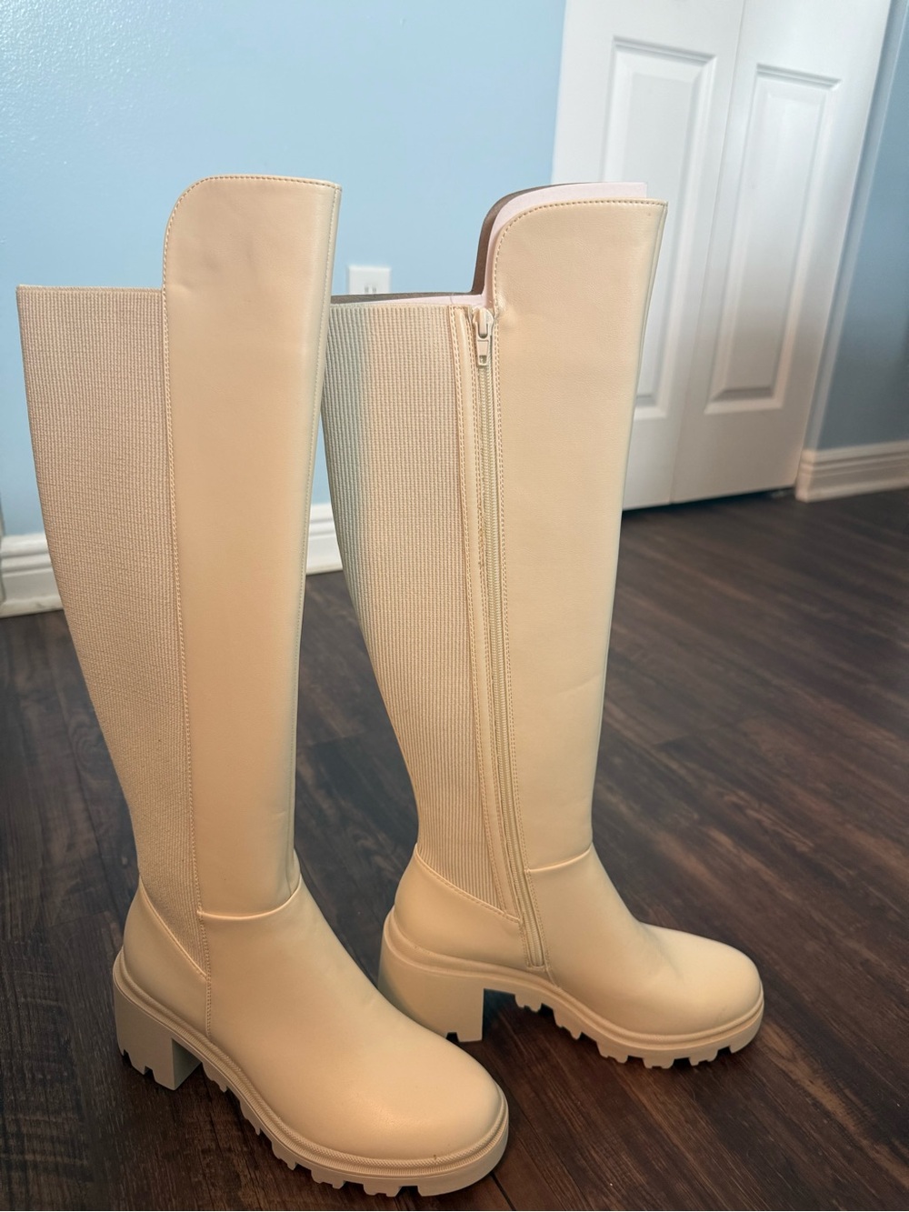 Cream Knee-High Lug Sole Boots
